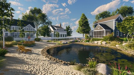 Obraz premium Suburban Cape Cod home with an ocean-inspired landscape design, featuring a saltwater pond and a small sandy beach for children to play
