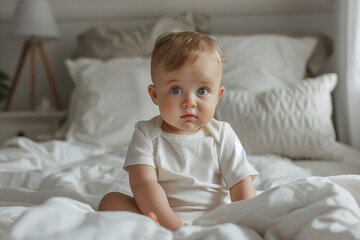 Cute infant dressed in a white shirt bodysuit mockup, placed on a pristine white bed background, ideal for presenting a design template of a onesie and creating mock-ups for print
