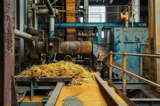 Industrial line production at a sugar factory, depicting the processing of cane into sugar, showcasing the machinery and industrial process. Ideal for illustrating sugar production