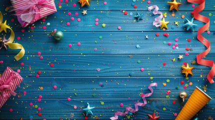 Invitation design with colorful decorations on blue wood surface