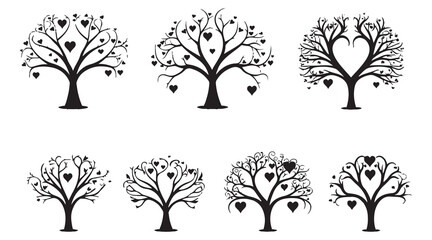 collection black love tree with heart leaves. hand draw Valentine tree silhouette clip art isolated on white background