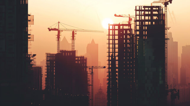 Silhouette of skyscrapers under construction with cranes at sunset.