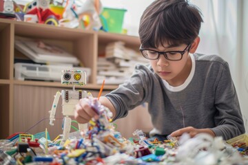 Boy making robot toy of recycling material Little boy making robot toy of recycling material for school project