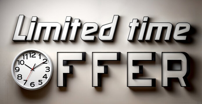 3d concept render illustration of word text LIMITED TIME OFFER with alarm clock. Concept of special discount deal for short period of time