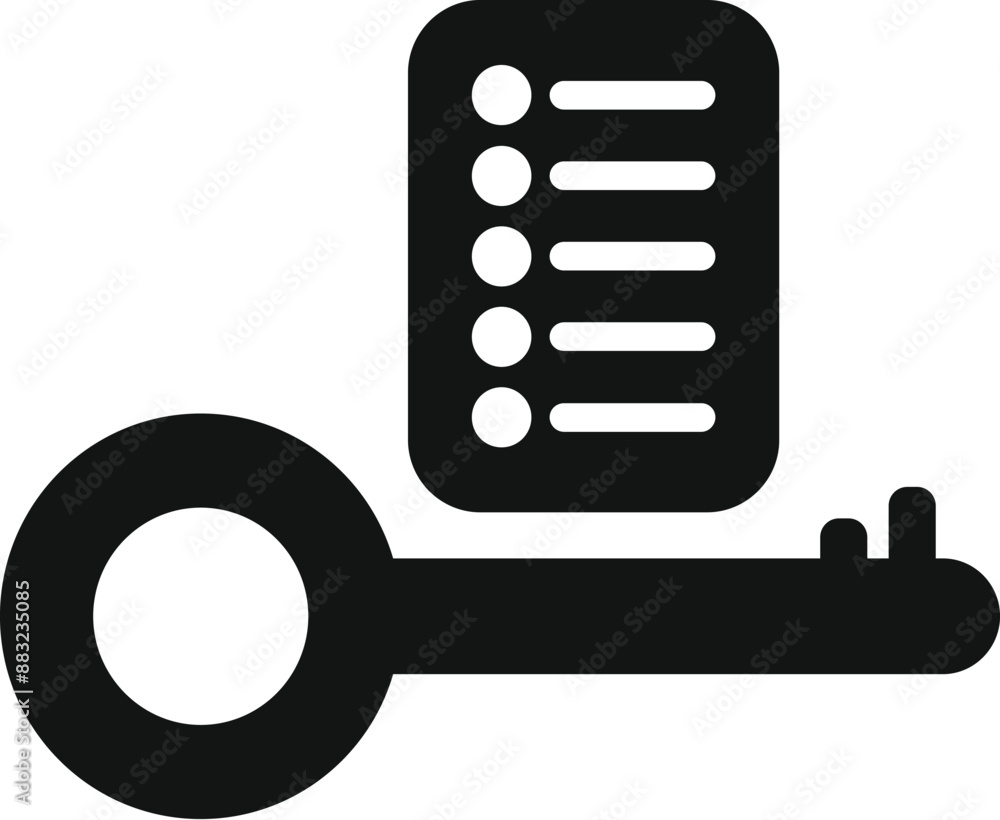 Poster black silhouette icon of a key unlocking a checklist, symbolizing finding solutions and overcoming c