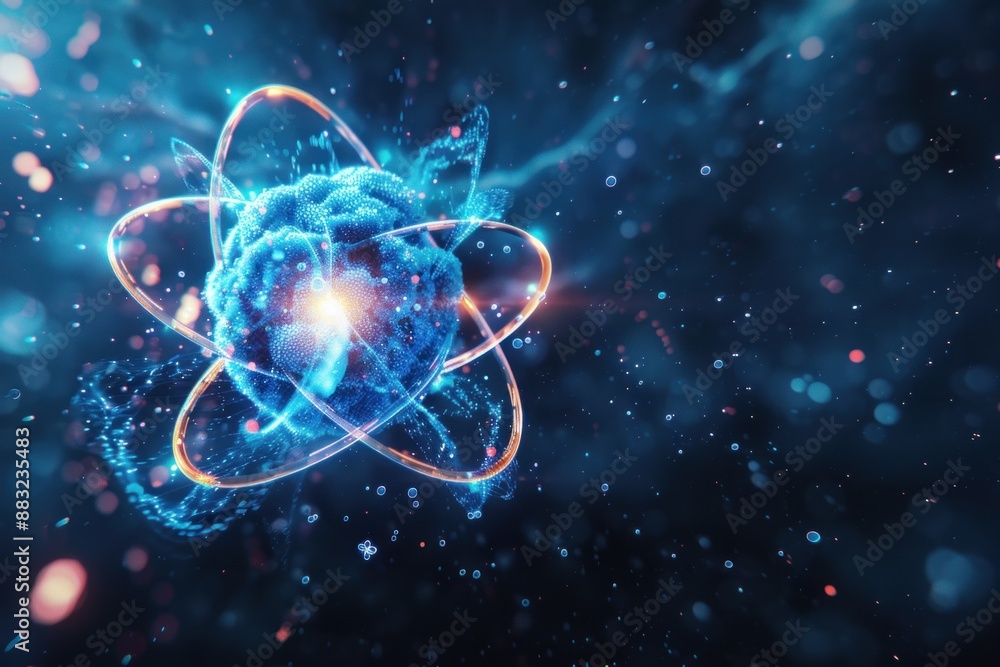 Poster a blue and orange 3d rendering of an atom with electrons orbiting the nucleus
