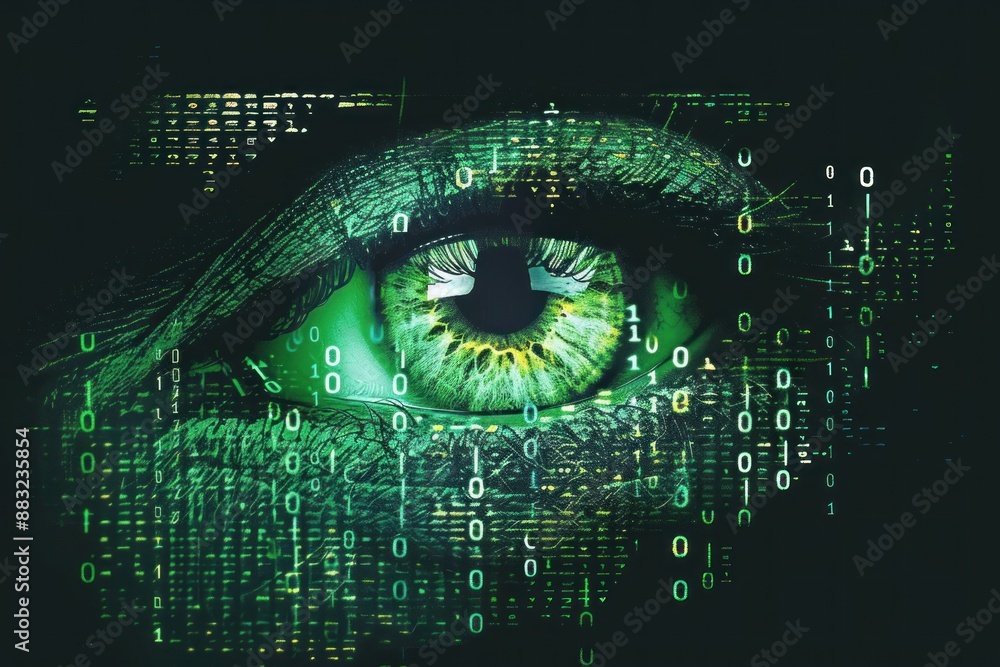 Poster a close-up of a green eye looking out from a digital landscape composed of binary code