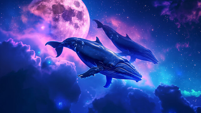 The humpback whal fying over galaxy background, Illustration