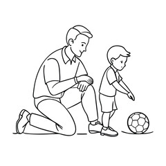 dad and young son playing with a soccer ball.  line art animation, isolated on a white background