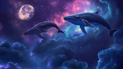 The humpback whal fying over galaxy background, Illustration