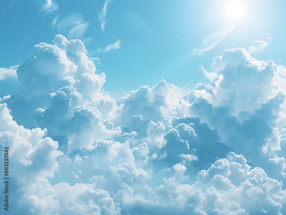 Poster ethereal blue sky with soft and fluffy cloud background for uplifting product display and mockups