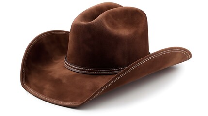 close up on brown western cowboy hat prop on white background