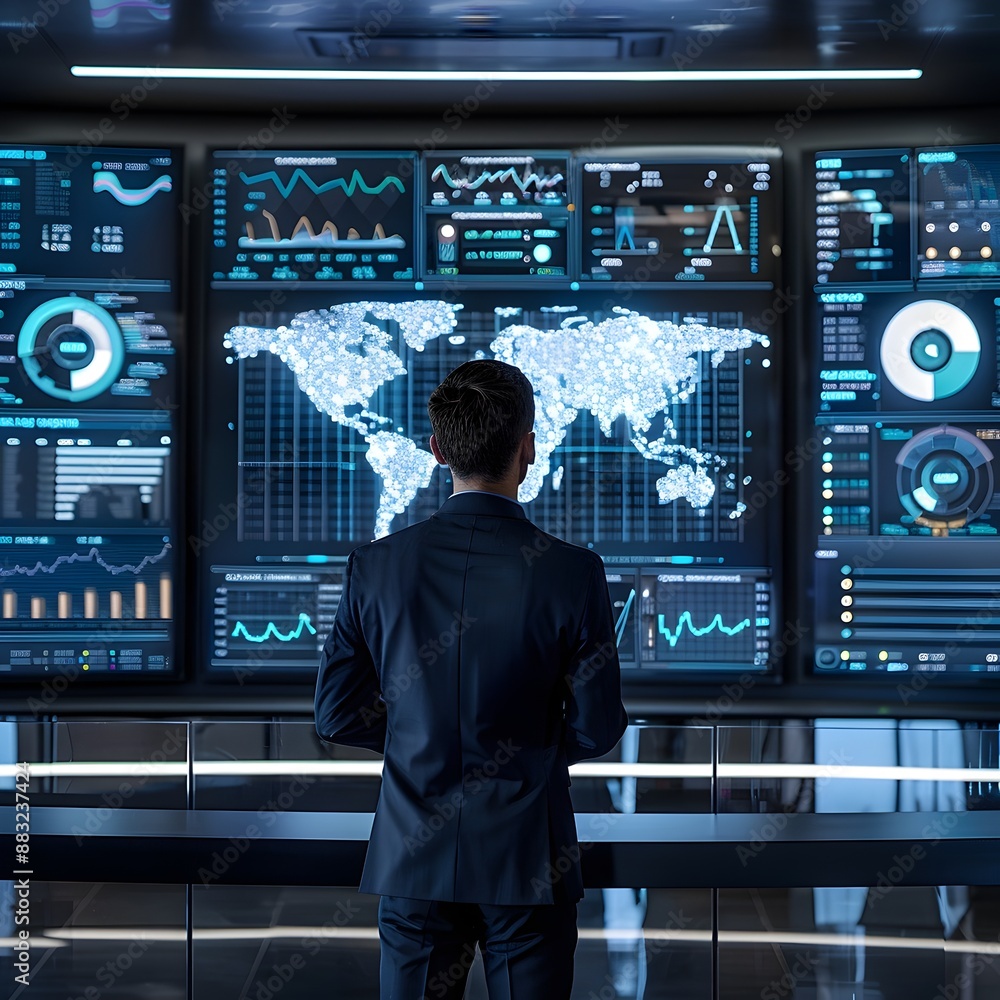 Poster executive overseeing digital command center with advanced tech visualization