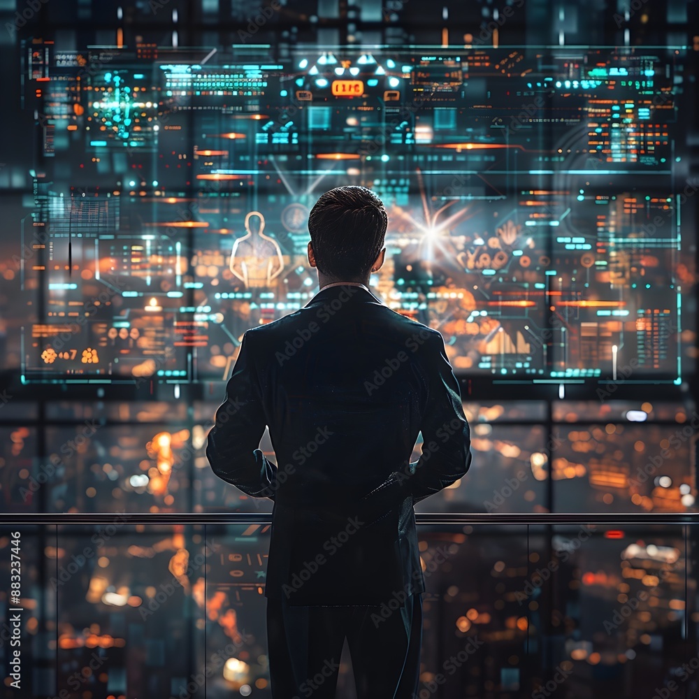 Poster executive overseeing digital command center with advanced tech and strategic presence
