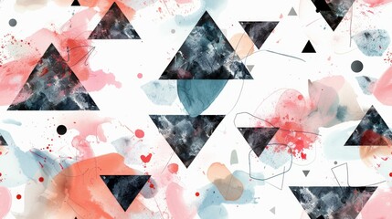 Geometric shapes and watercolor splatters pattern, transparent background