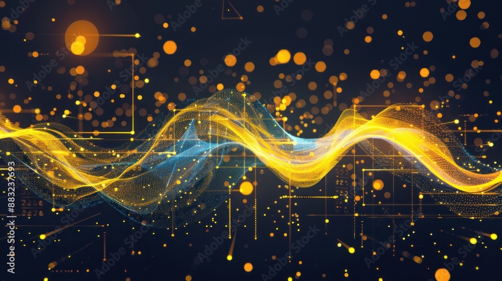 Poster a digital wave of yellow and blue light moves across a dark background with a grid pattern and golde
