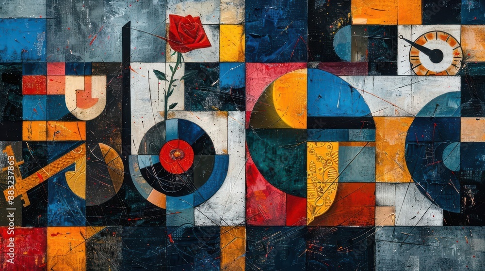 Poster abstract geometric painting with vibrant colors and a red rose, featuring shapes like circles and re