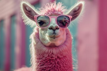 Obraz premium Funky Llama: Creative Animal Concept in Sunglass Shades on Pastel Background for Commercial Advertisement