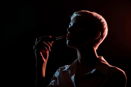 Silhouette of young elegant female with short hair and closed eyes holding lipstick in front of her face while going to apply it in darkness