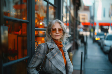 Stylish mature woman with grey hair and orange sunglasses stands outside a store in a bustling city