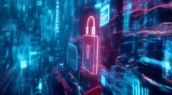 Intricate cyber security concept with glowing neon padlocks and binary codes on digital interface.