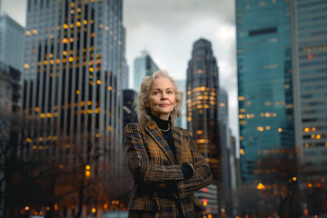 Fototapeta premium Elderly businesswoman confidently stands in front of skyscrapers in a city. Sharp gaze and assertive posture suggest successful corporate career