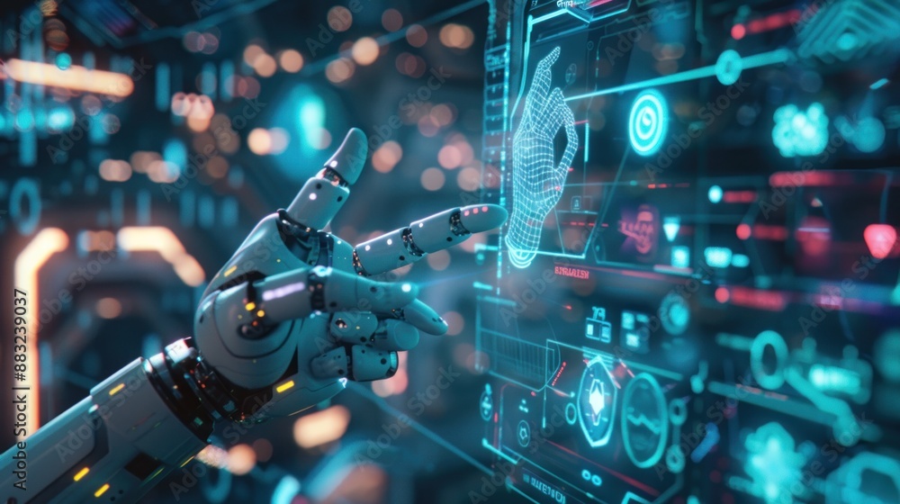 Poster robot hand touches virtual screen showing futuristic artificial intelligence communication icons