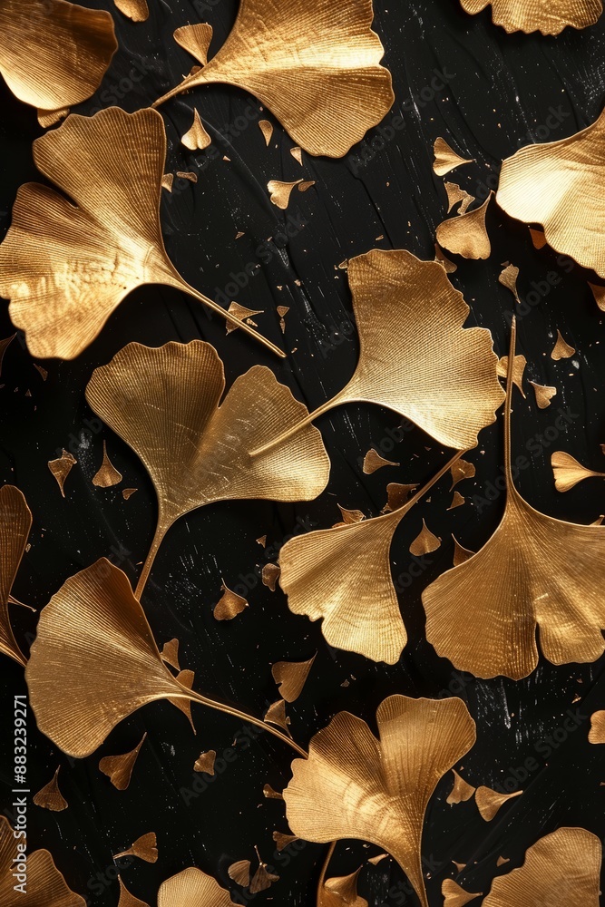 Poster golden ginkgo leaf pattern on black background for textile design generative ai