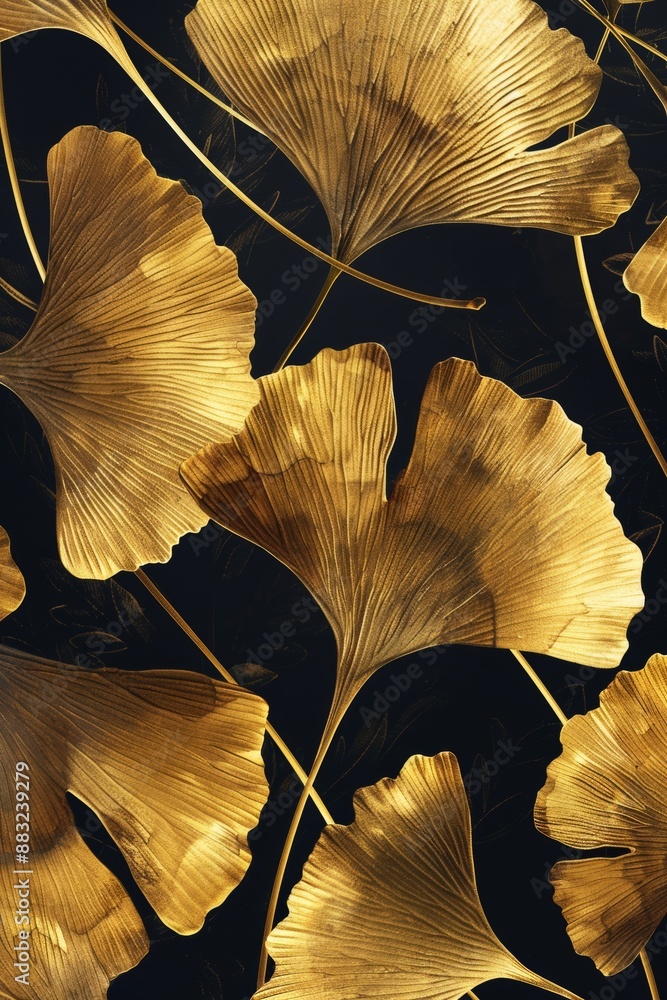 Poster golden ginkgo leaf pattern on black background for textile design generative ai