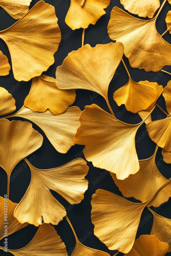 Poster golden ginkgo leaf pattern on black background for textile design generative ai
