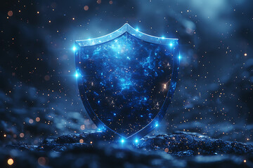  An image of a shield depicted in the wireframe style on a dark blue background