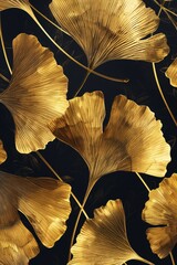 Golden Ginkgo Leaf Pattern on Black Background for Textile Design Generative AI