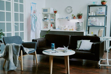 Cozy and spacious on call room divided into rest and kitchen zones fully equipped with furniture and medical stuff