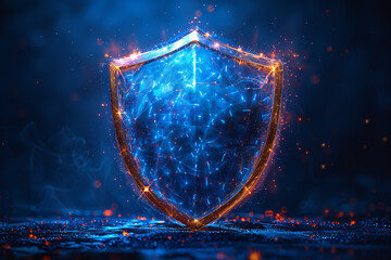 shield depicted in the wireframe style on a dark blue background