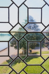 exterior view through stained glass window