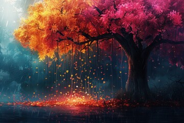 Multicolor Leaves on Hanging Branches - Abstract Floral Tree Illustration Background