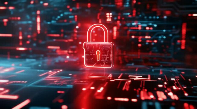 Digital illustration of a glowing red padlock symbolizing cybersecurity on a high-tech circuit board background.