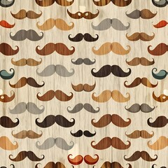 Seamless Pattern of Cute Mustaches on Light Tan Wooden Texture Background. Perfect for: Rustic, Vintage