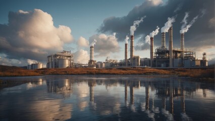Rendering of a geothermal power plant with floating turbines and cloudy sky
