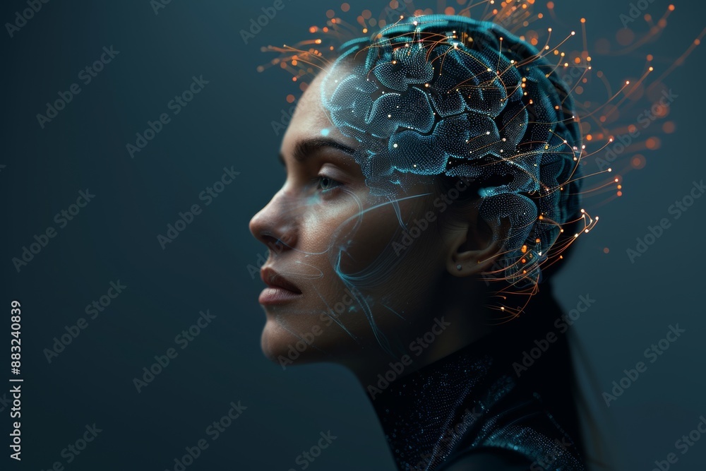 Poster digital brain with glowing connections, profile view generative ai