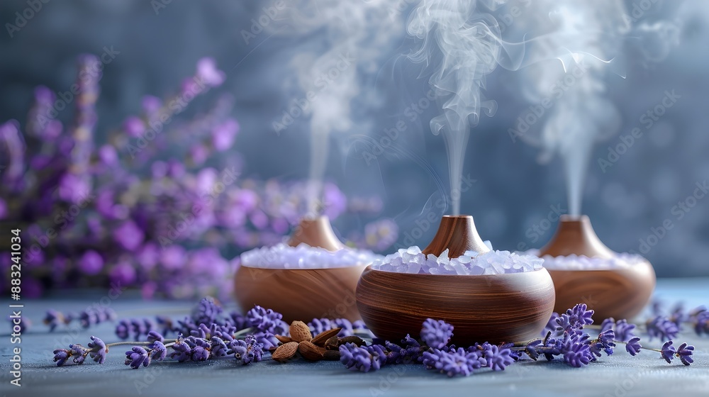 Poster aromatherapy oils and diffusers with fresh lavender and eucalyptus creating a calming atmosphere