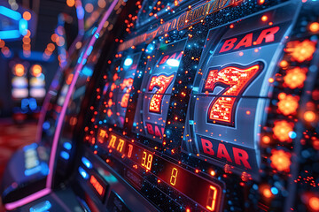 Obraz premium slot machine hitting the jackpot with 777 displayed on the reels, created in a wireframe style