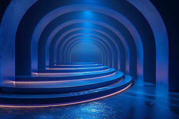 Obraz premium Background futuristic space blue podium, 3d product render stand. podium stage minimal abstract background beauty dreamy space studio pedestal