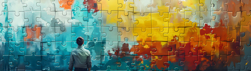 Strategic Puzzle and Flowchart Concept Background for Business Planning | Photo Realistic Image of Strategist Solving Puzzle with Flowchart | Problem Solving and Planning in Whimsi