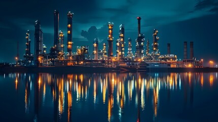 Naklejka premium Illuminated Oil Refinery Reflecting on Calm Water at Night Industrial Landscape and Powerful Energy Concept