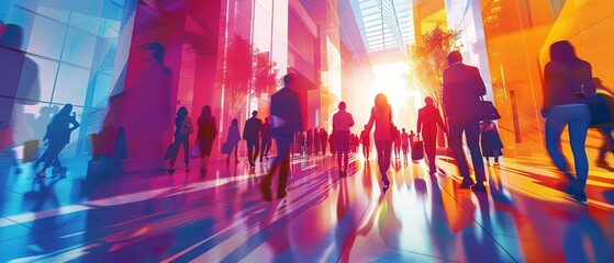 Professional image of employee wellness initiatives, well-being programs, diverse group, modern business setting, vivid colors