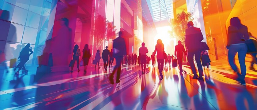 Professional image of employee wellness initiatives, well-being programs, diverse group, modern business setting, vivid colors