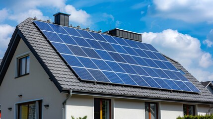 Fototapeta premium Solar panels installed on roof of home. Alternative electricity source Sustainable resources concept