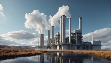 Rendering of a geothermal power plant with floating turbines and cloudy sky