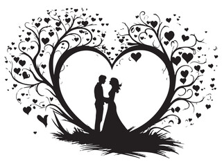 set of black silhouette love tree and two man white background